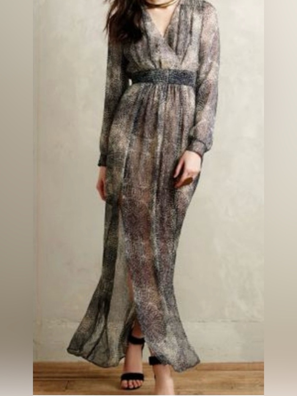Twelfth Street by Cynthia Vincent Sheer Brown & Black Printed Maxi Dress